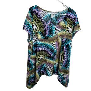 Forever Jade Blouse Women's 2X Round Neck Short Sleeve Colorful Shirt Top